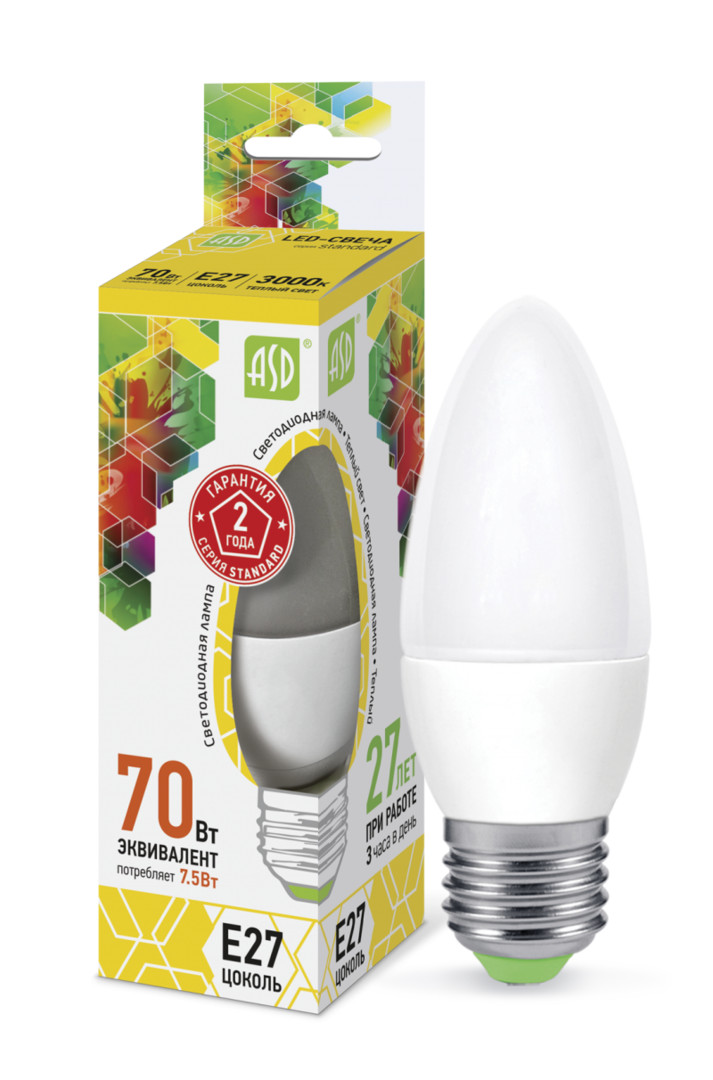 Лампа светодиодная LED-СВЕЧА-standard 7.5Вт 230В Е27 3000К 675Лм ASD Лампа светодиодная LED-СВЕЧА-standard 7.5Вт 230В Е27 3000К 675Лм ASD