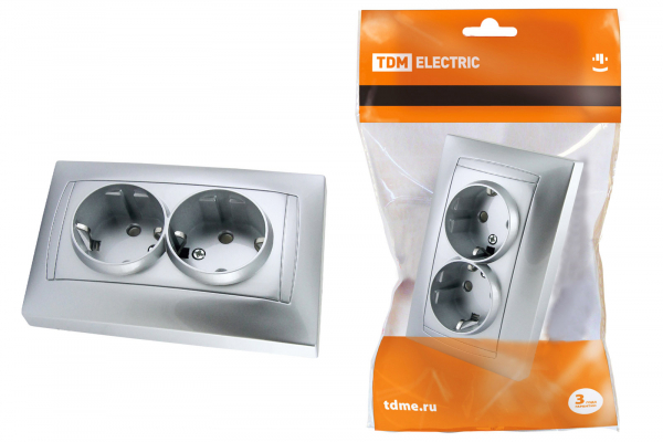 Розетка двойная 2П+З 16А 250В с защ. шт. серебр. металлик Лама